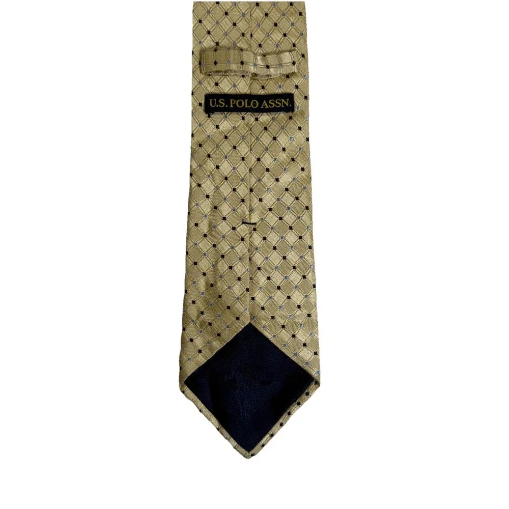 U.S.‎ Polo Assn. Necktie Mens OS Gold Geometric Grid Silk Excellent 3.5in Blade